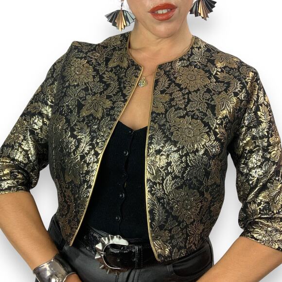 1950's MISS ELLIETTE of CALIFORNIA woven gold and black floral cropped jacket - Picture 2 of 14